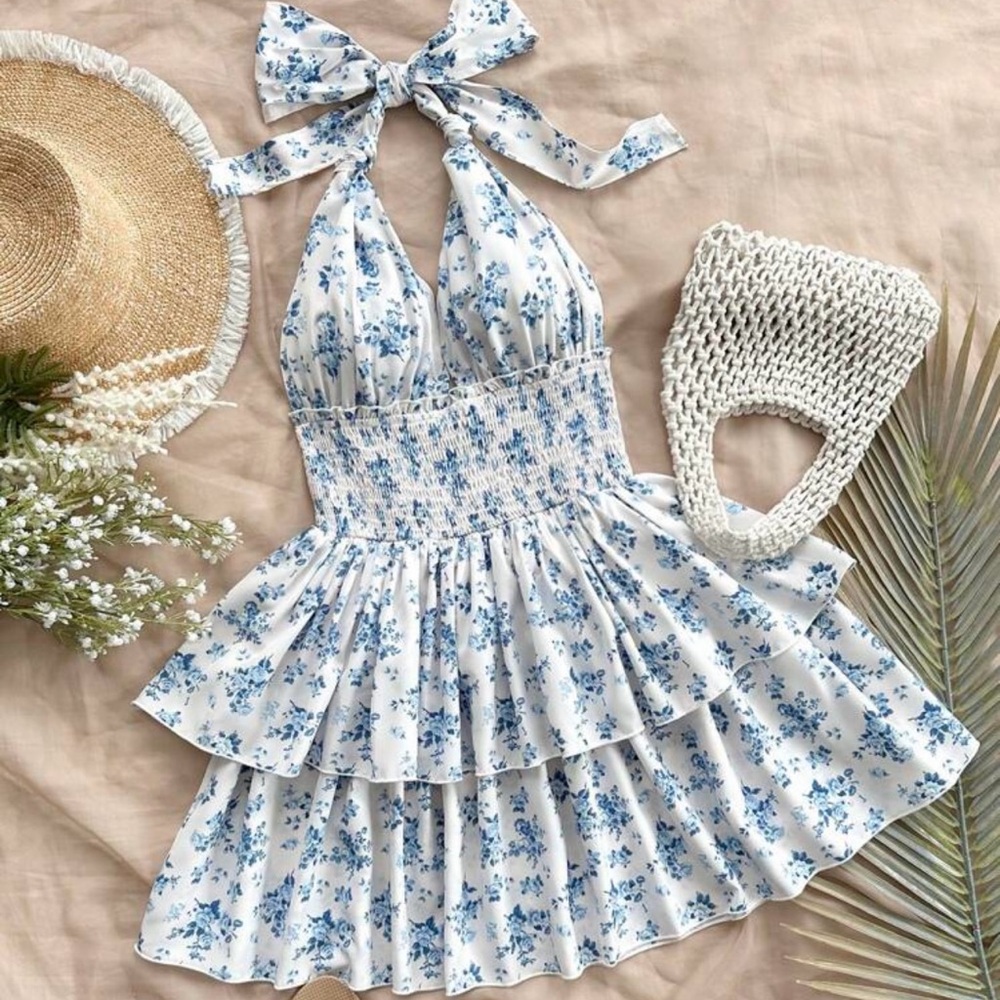 Blue White Boho Floral Halter Mini Dress Smocked Tiered Ruffle Sundress Small
